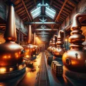 DALL·E 2024 03 21 12.51.27 An interior view of a traditional whisky distillery warehouse, filled with large copper whisky stills. The stills are polished and shine under the war