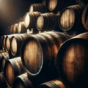DALL·E 2024 03 21 17.24.07 A close up view of aged whisky barrels stacked in a dimly lit warehouse. The barrels are made of oak and show signs of aging, with rich textures and w