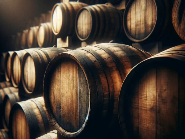 DALL·E 2024 03 21 17.24.07 A close up view of aged whisky barrels stacked in a dimly lit warehouse. The barrels are made of oak and show signs of aging, with rich textures and w